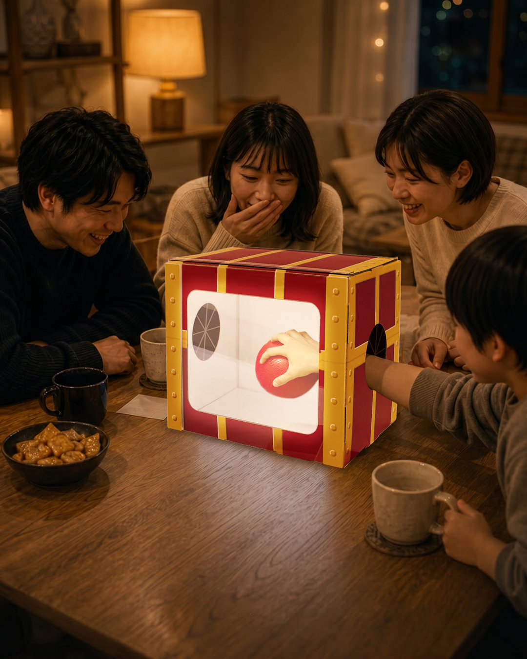 なんじゃらホイに手を入れ、周囲と一緒に答えを考える場面