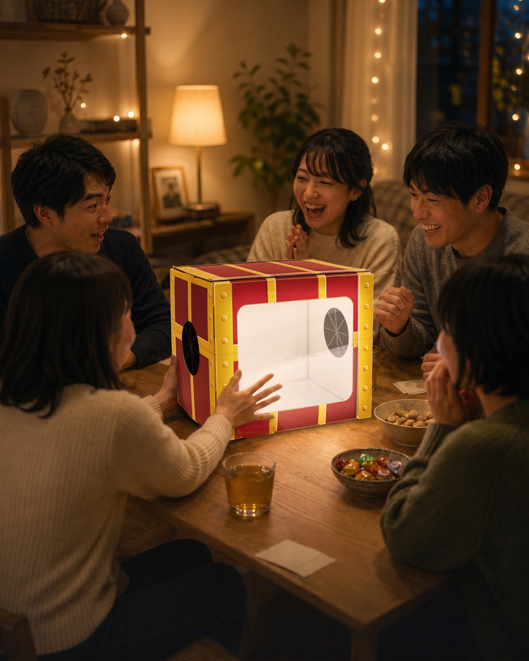 大人の友人グループがホームパーティーでなんじゃらホイ2を囲む体験イメージ