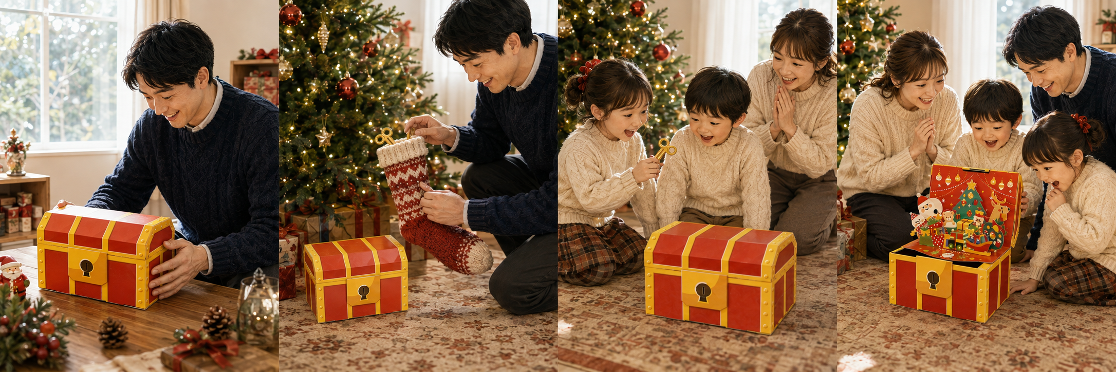宝箱を選び、鍵をくつ下に隠し、家族で見つけて開けるクリスマスのイメージ