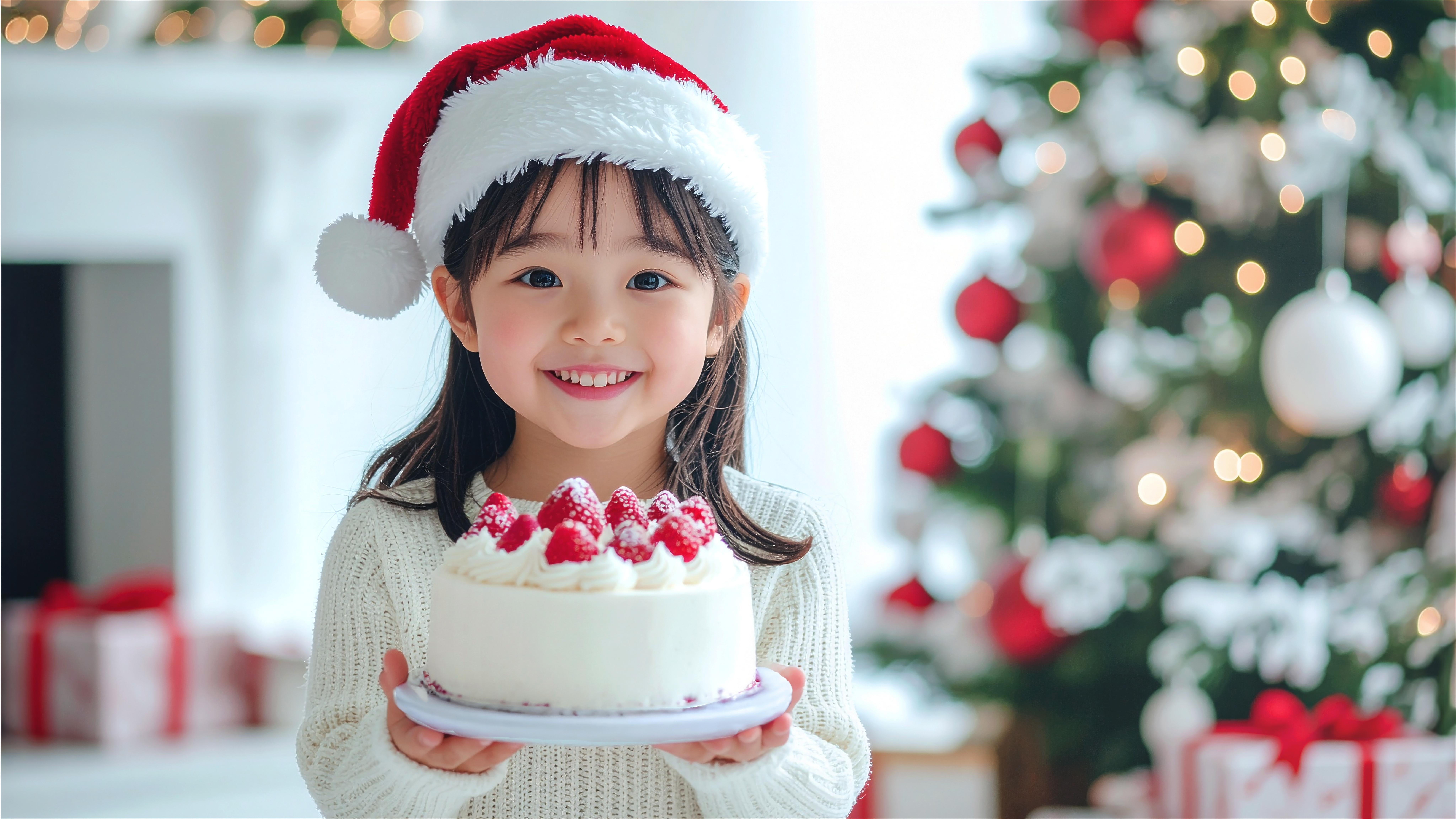 クリスマスツリーのそばでケーキを持つサンタ帽の子ども